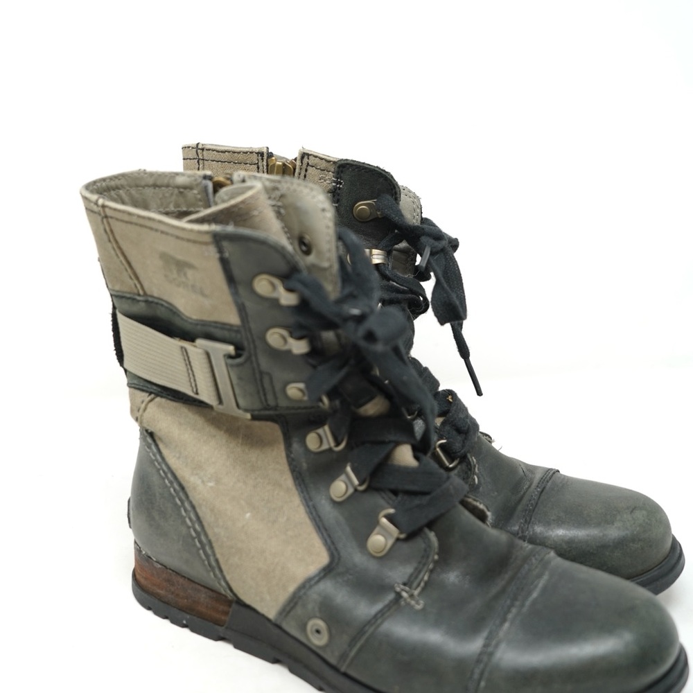 SOREL Women’s MAJOR CARLY Lace Up Leather Canvas Boot 7 Black Gray